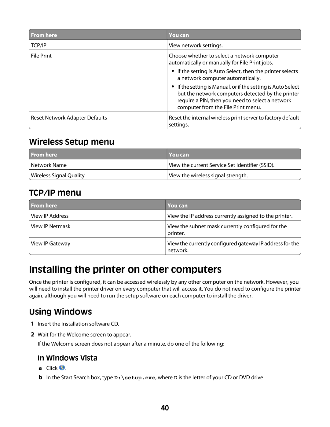 Lexmark 4600 Series manual Installing the printer on other computers, Wireless Setup menu, TCP/IP menu 