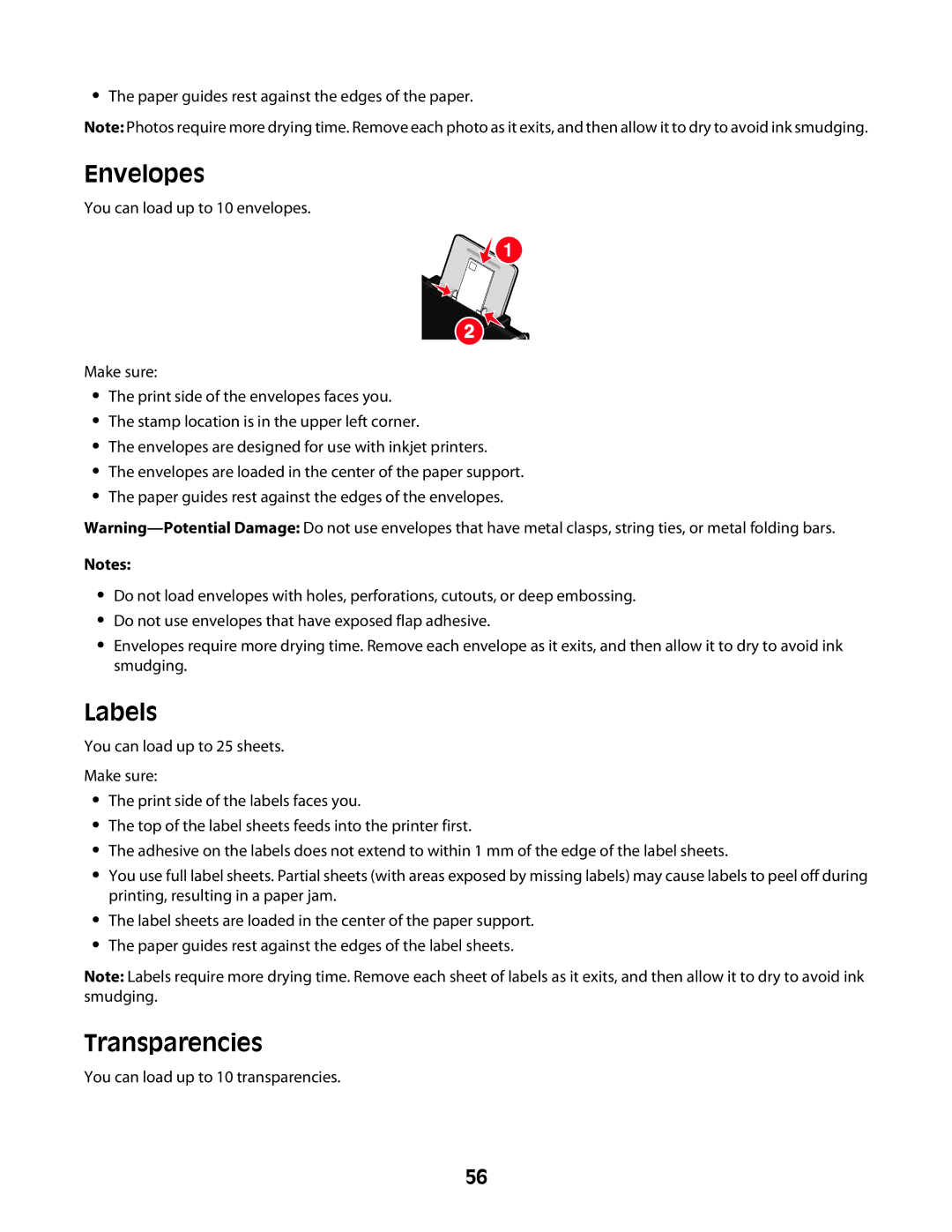 Lexmark 4600 Series manual Envelopes, Labels, Transparencies 