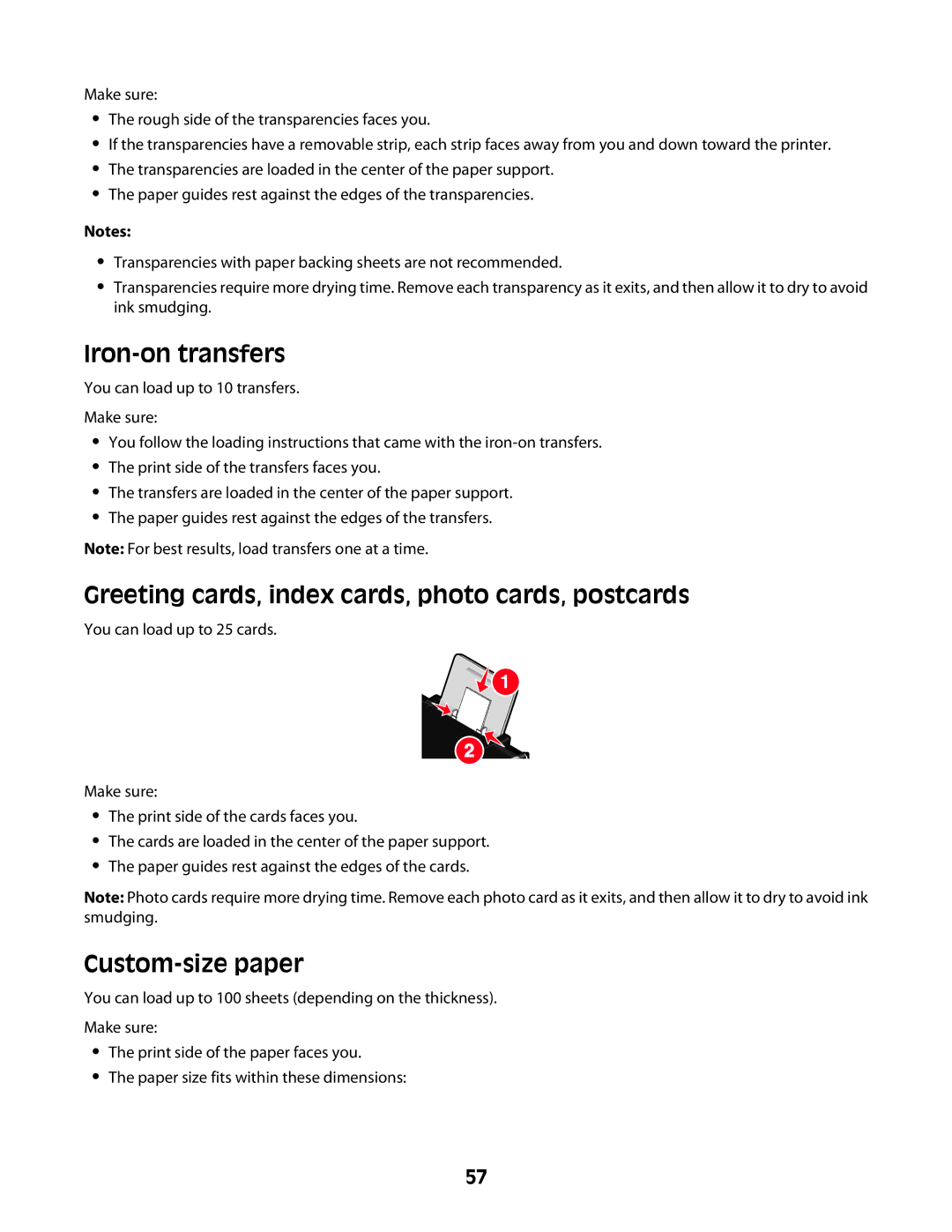 Lexmark 4600 Series manual Iron-on transfers, Greeting cards, index cards, photo cards, postcards, Custom-size paper 