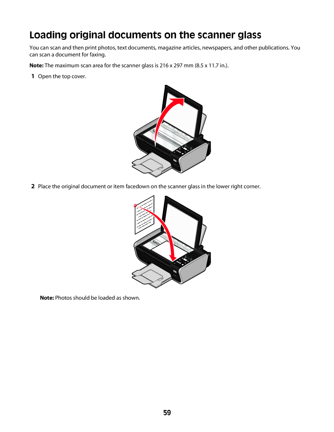 Lexmark 4600 Series manual Loading original documents on the scanner glass 