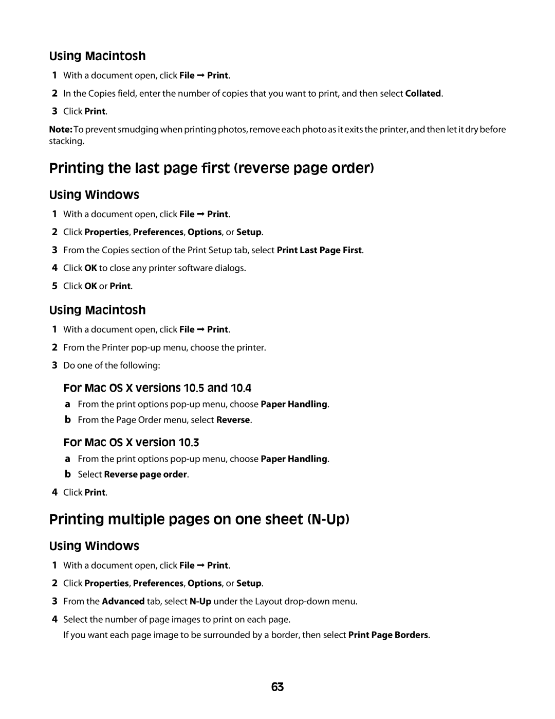 Lexmark 4600 Series manual Printing the last page first reverse page order, Printing multiple pages on one sheet N-Up 