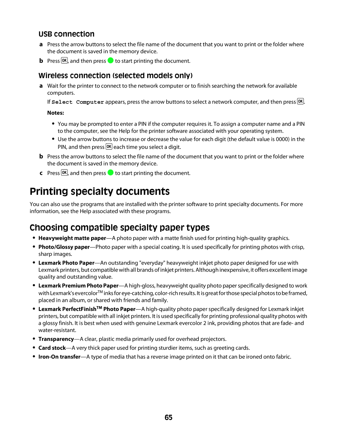 Lexmark 4600 Series manual Printing specialty documents, Choosing compatible specialty paper types, USB connection 