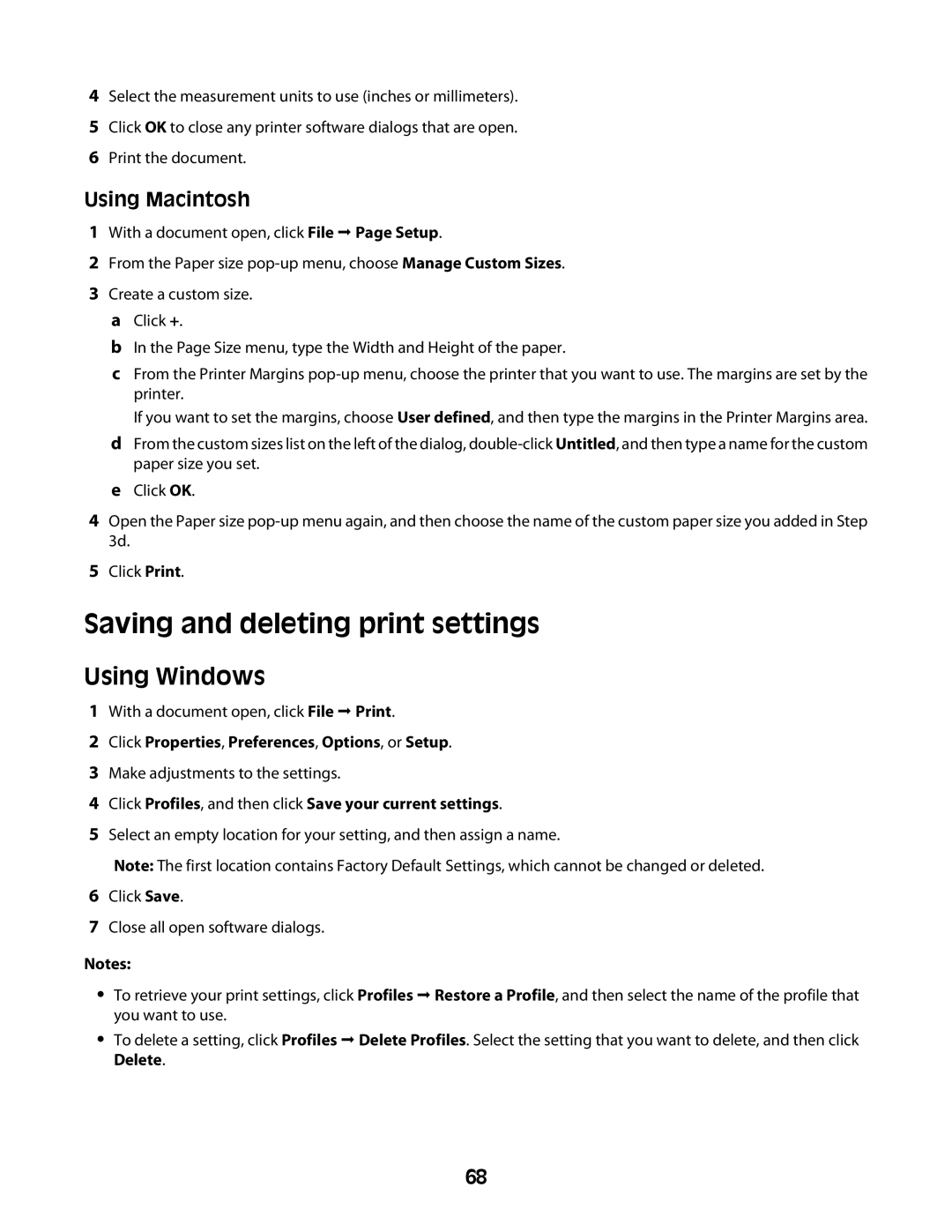 Lexmark 4600 Series manual Saving and deleting print settings, Click Profiles, and then click Save your current settings 