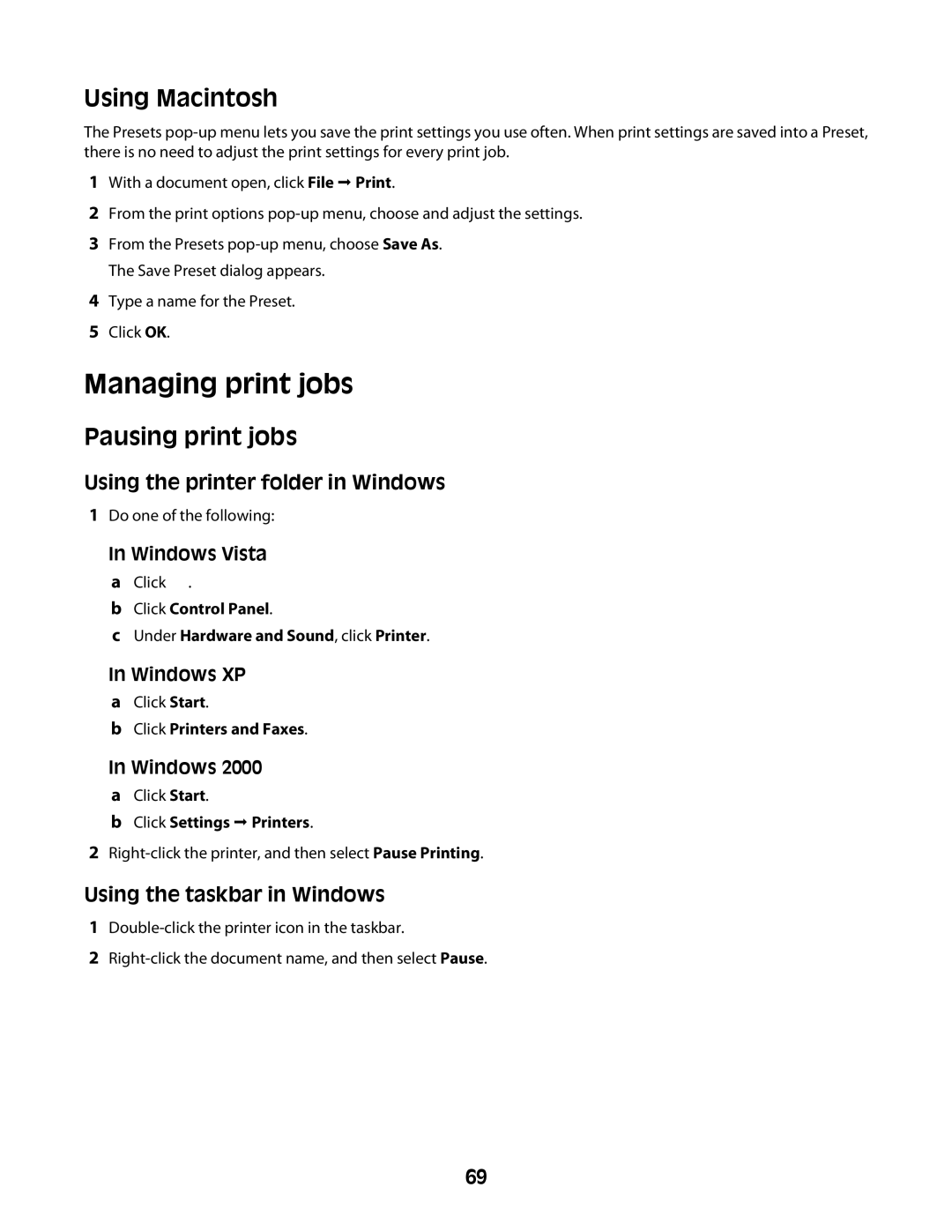 Lexmark 4600 Series manual Managing print jobs, Pausing print jobs, Using the printer folder in Windows 