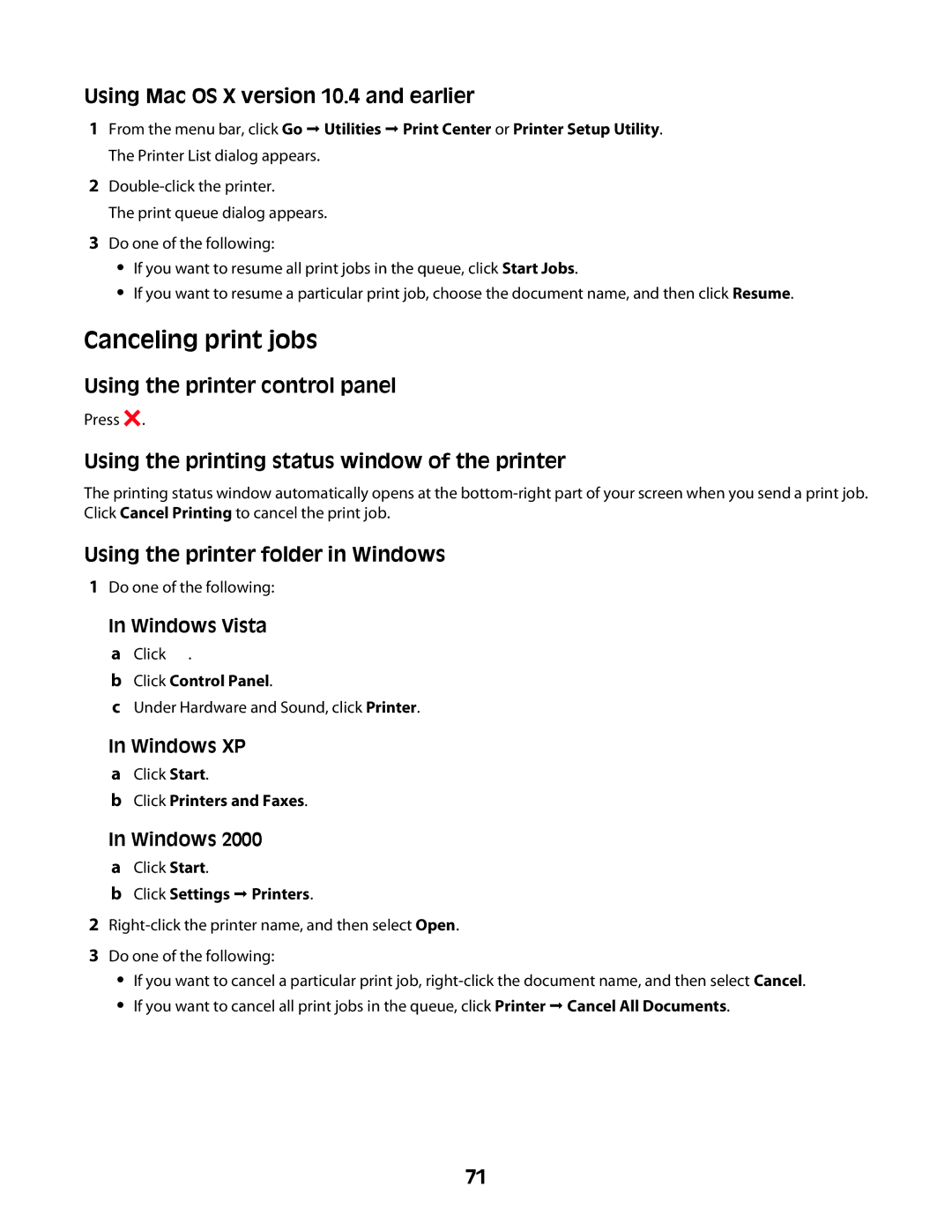 Lexmark 4600 Series manual Canceling print jobs, Using Mac OS X version 10.4 and earlier, Using the printer control panel 