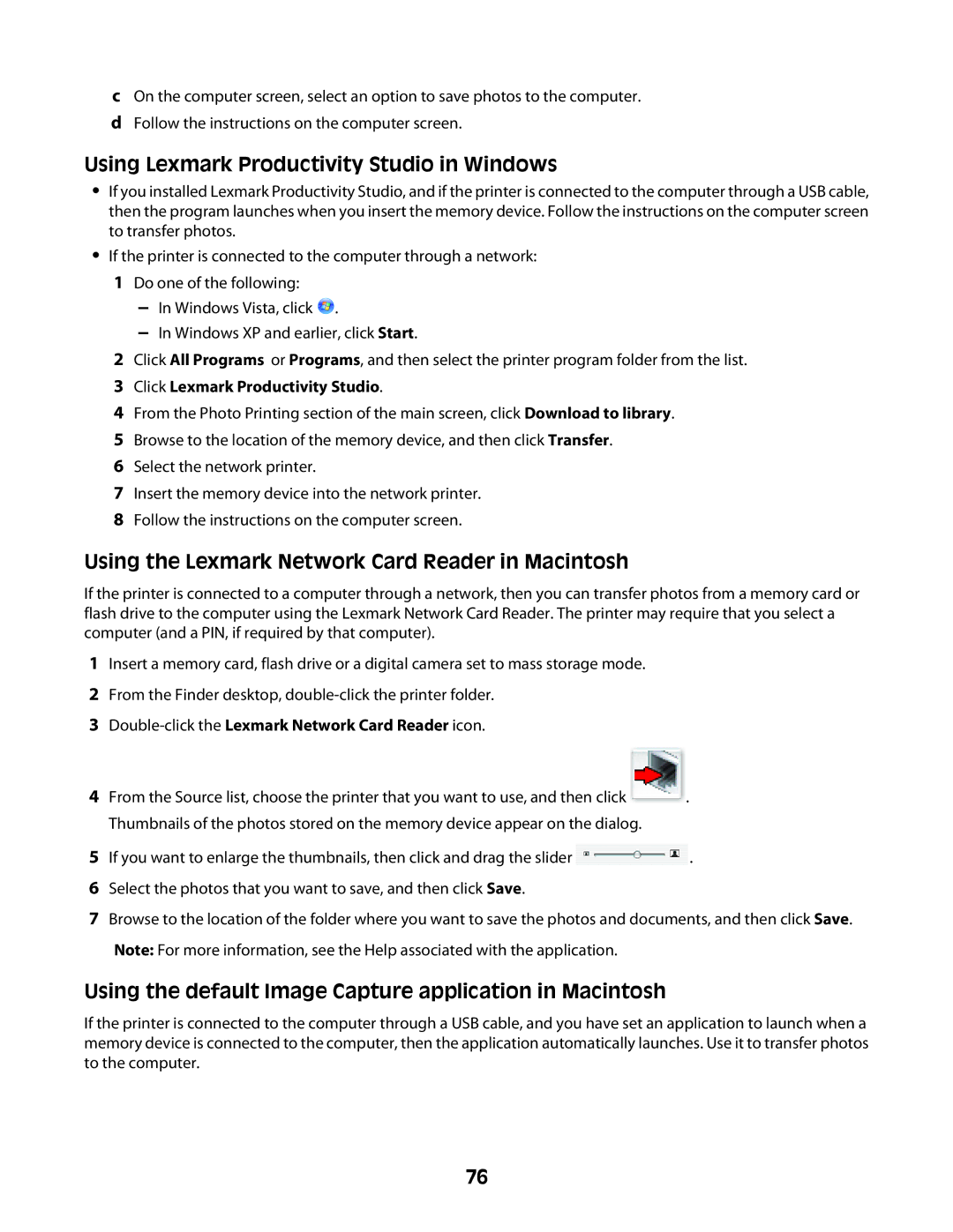 Lexmark 4600 Series manual Using Lexmark Productivity Studio in Windows, Using the Lexmark Network Card Reader in Macintosh 