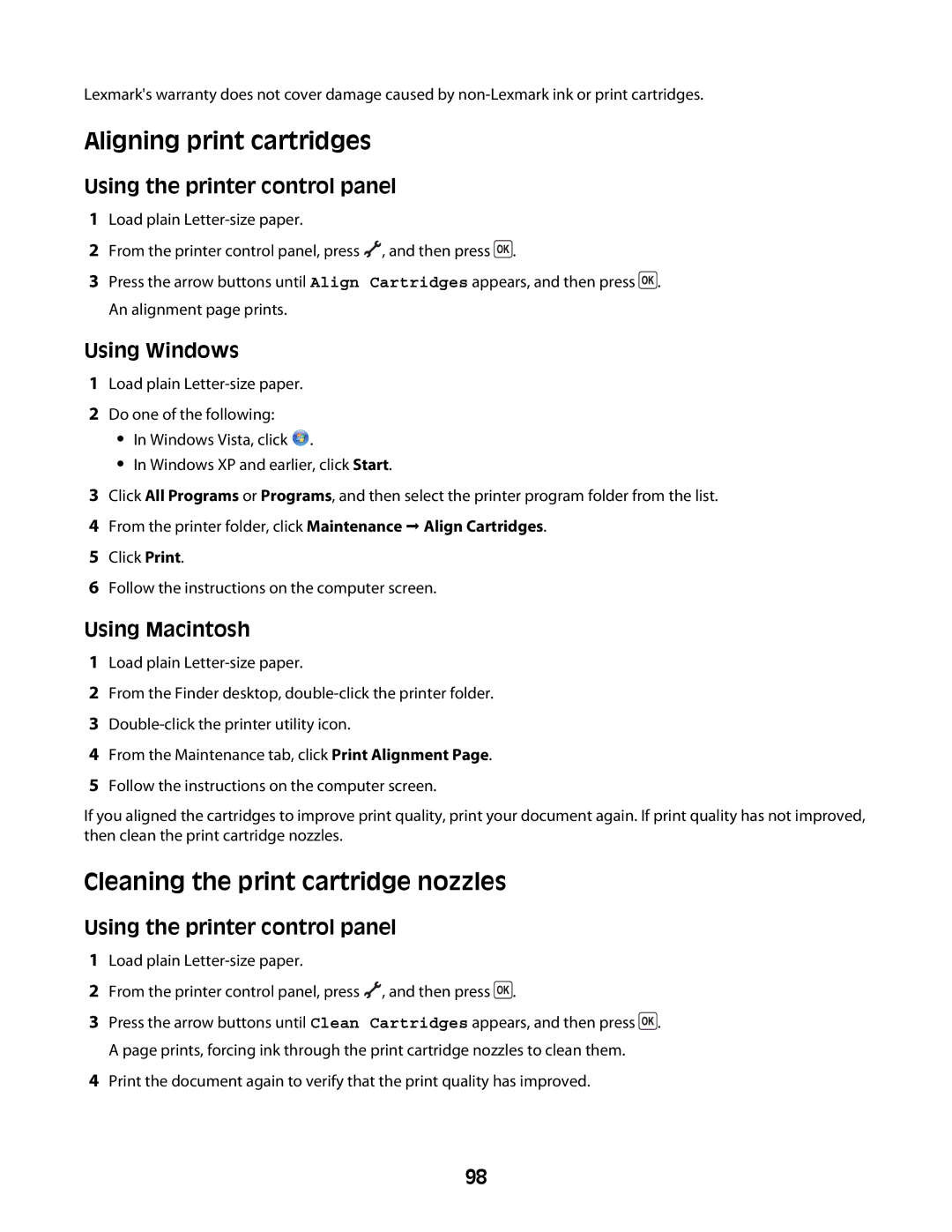 Lexmark 4600 Series manual Aligning print cartridges, Cleaning the print cartridge nozzles 