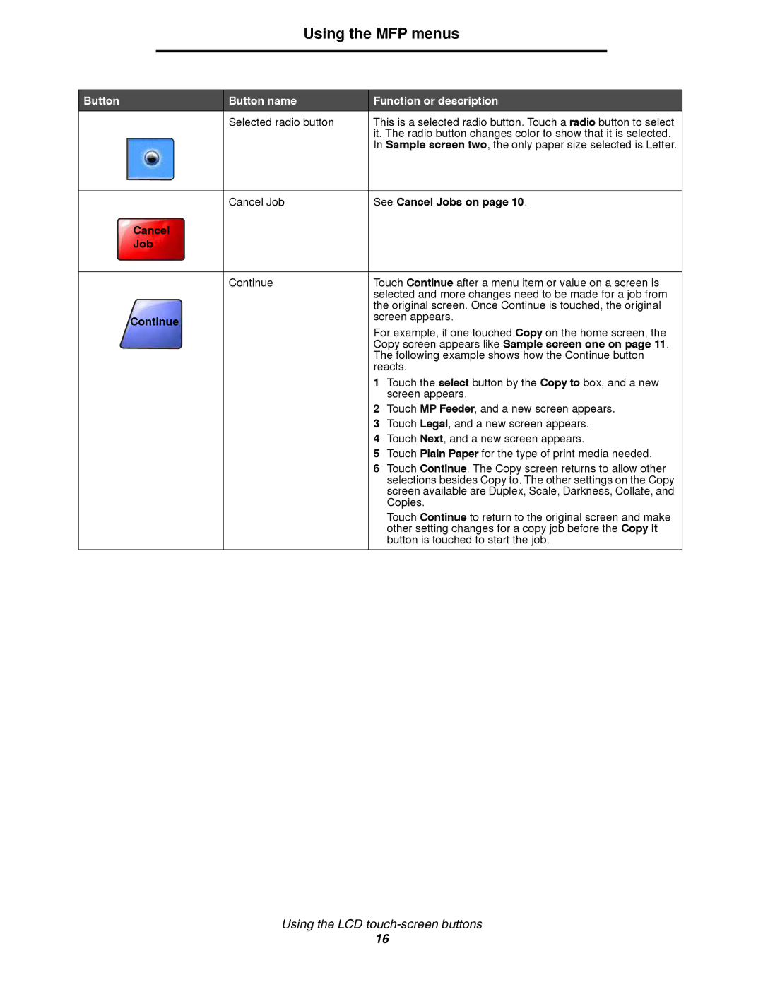 Lexmark 4600MFP manual See Cancel Jobs on, Continue, Copy screen appears like Sample screen one on 