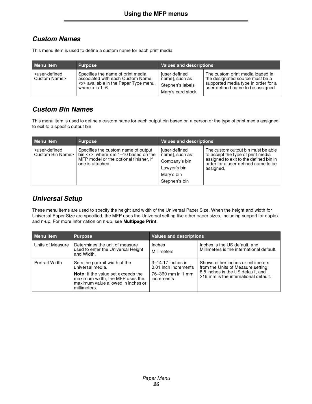 Lexmark 4600MFP manual Custom Names, Custom Bin Names, Universal Setup 