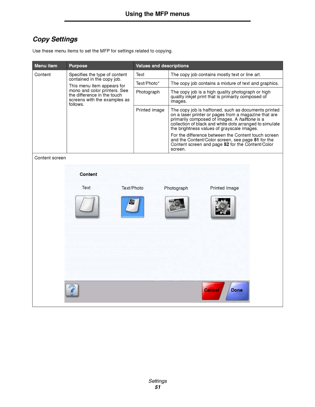 Lexmark 4600MFP manual Copy Settings, Cancel Done 