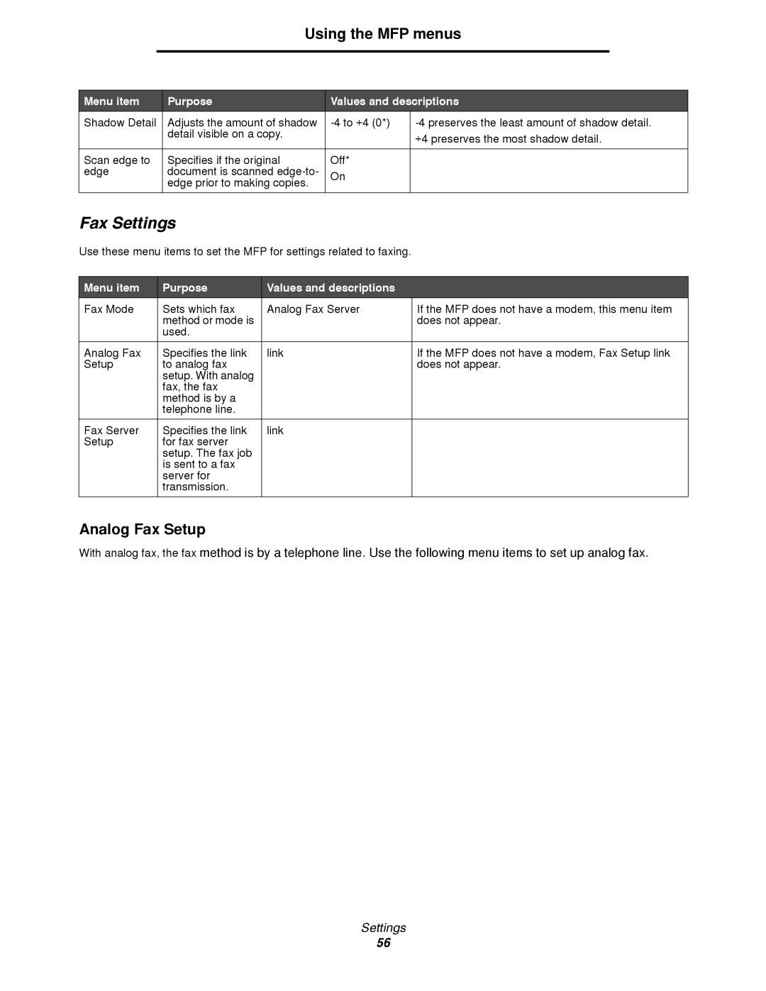 Lexmark 4600MFP manual Fax Settings, Analog Fax Setup 