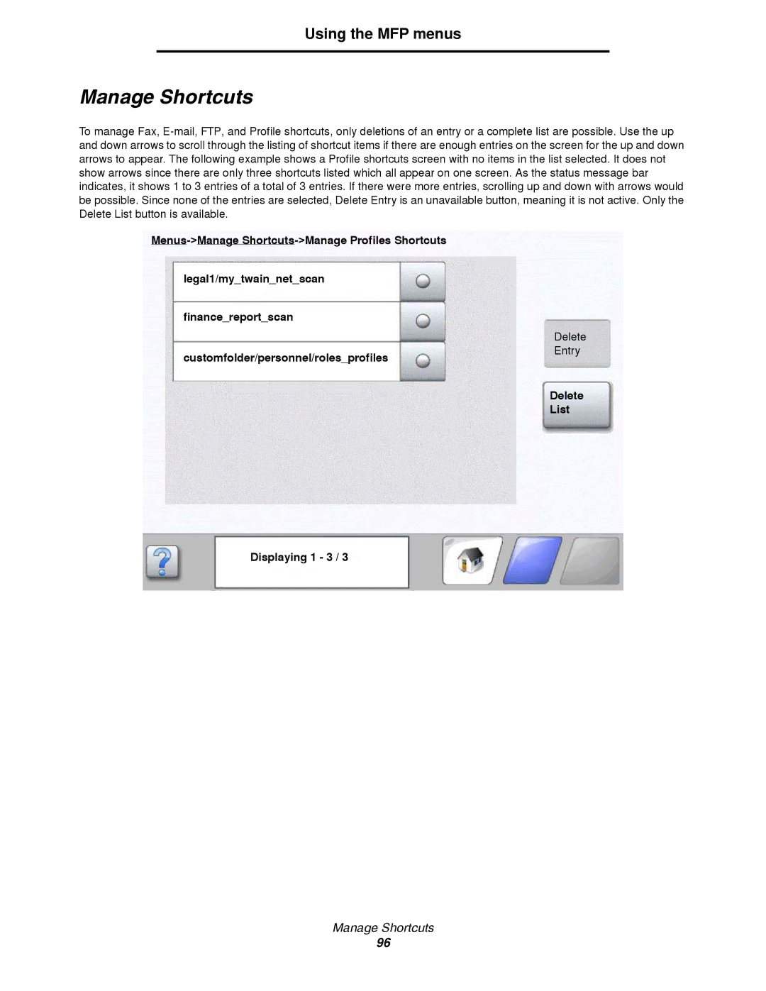 Lexmark 4600MFP manual Manage Shortcuts, Delete List Displaying 1 3 