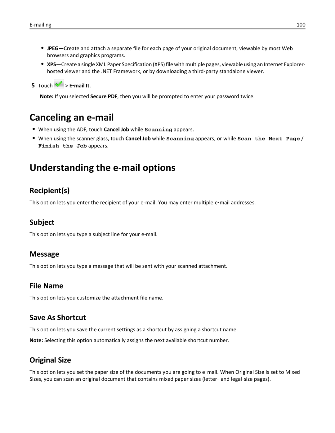 Lexmark 670 Canceling an e-mail, Understanding the e-mail options, Recipients, Subject, Message, File Name, Original Size 