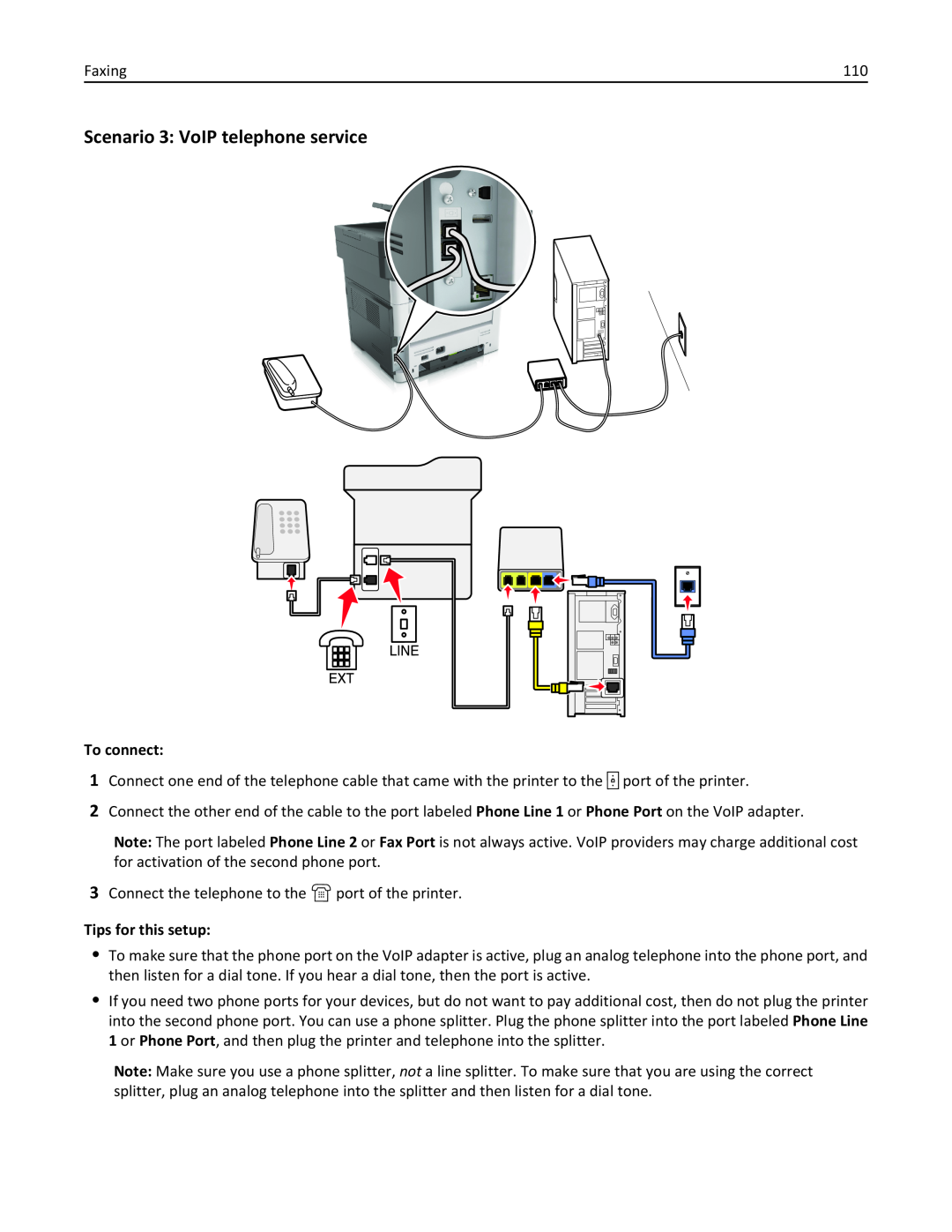 Lexmark 470, 35S5701, 670, 675, MX510, MX410DE manual Scenario 3 VoIP telephone service, To connect, Tips for this setup 
