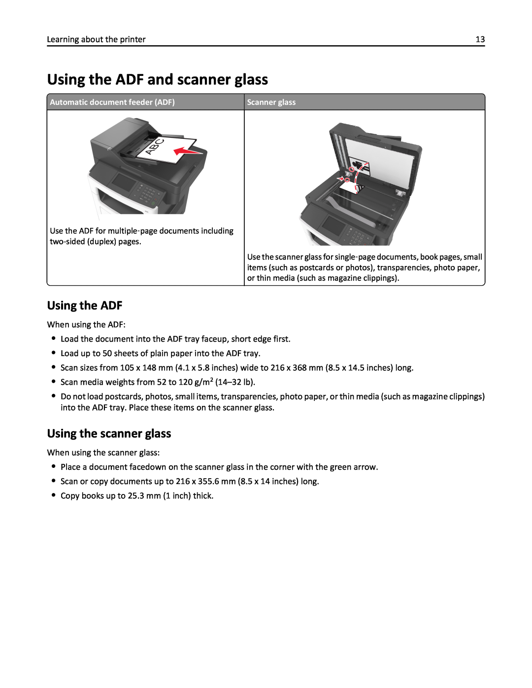 Lexmark MX410DE, 470, 35S5701, 670, 675, MX510 manual Using the ADF and scanner glass, Using the scanner glass 