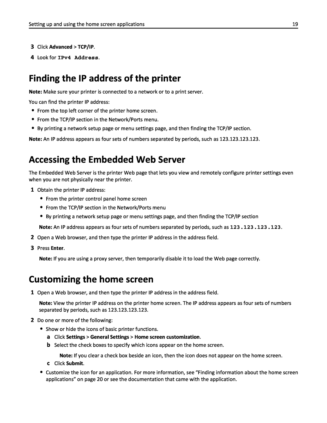 Lexmark MX410, 470 Finding the IP address of the printer, Accessing the Embedded Web Server, Customizing the home screen 