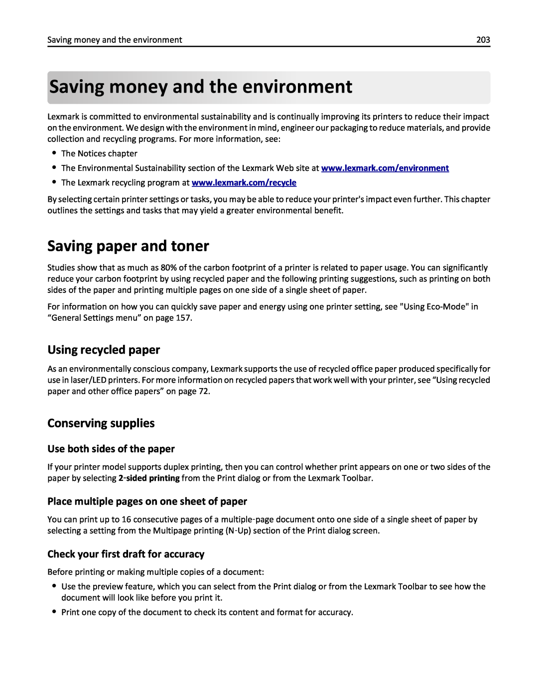 Lexmark 470, 35S5701 Saving money andthe environment, Saving paper and toner, Using recycled paper, Conserving supplies 