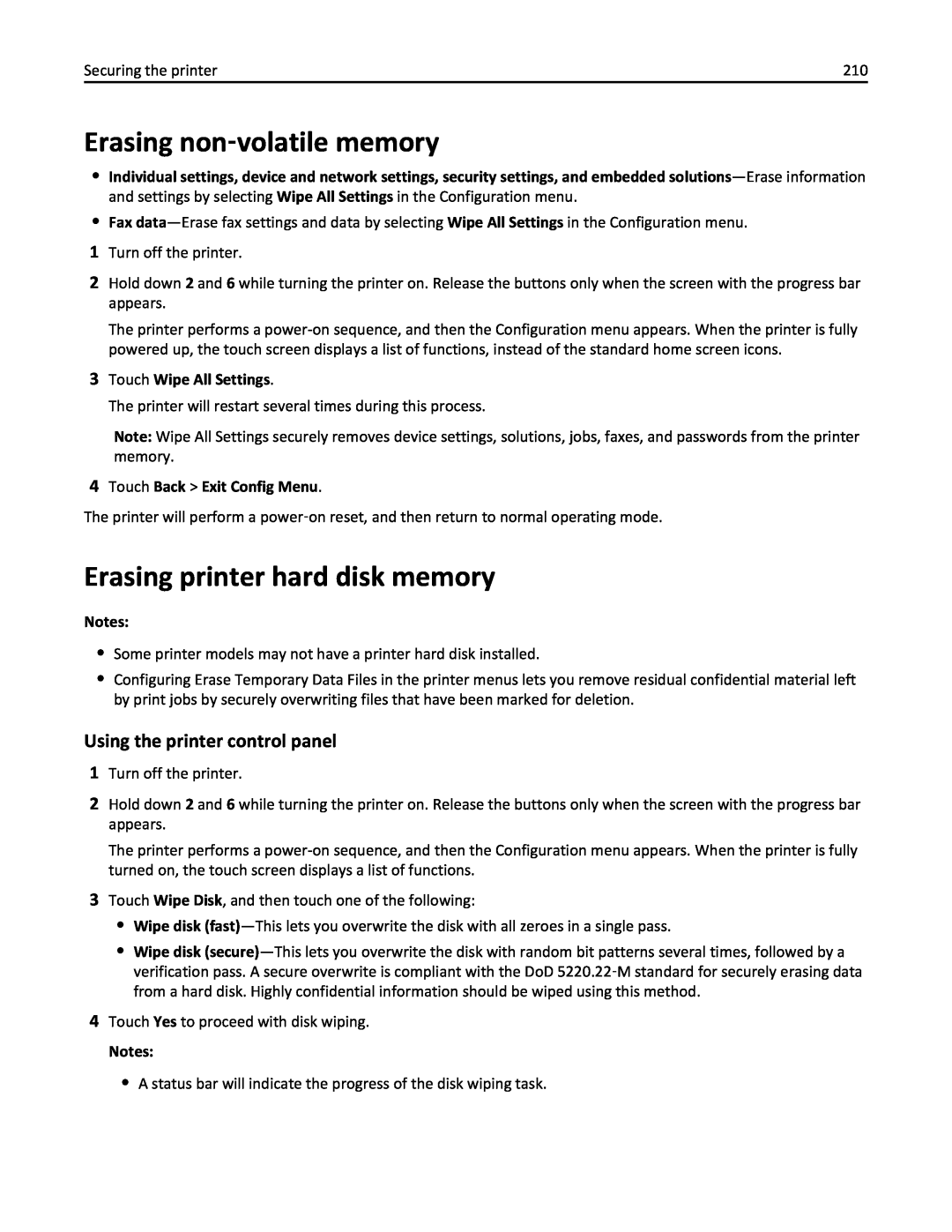 Lexmark 470, 35S5701, 670 Erasing non‑volatile memory, Erasing printer hard disk memory, Using the printer control panel 