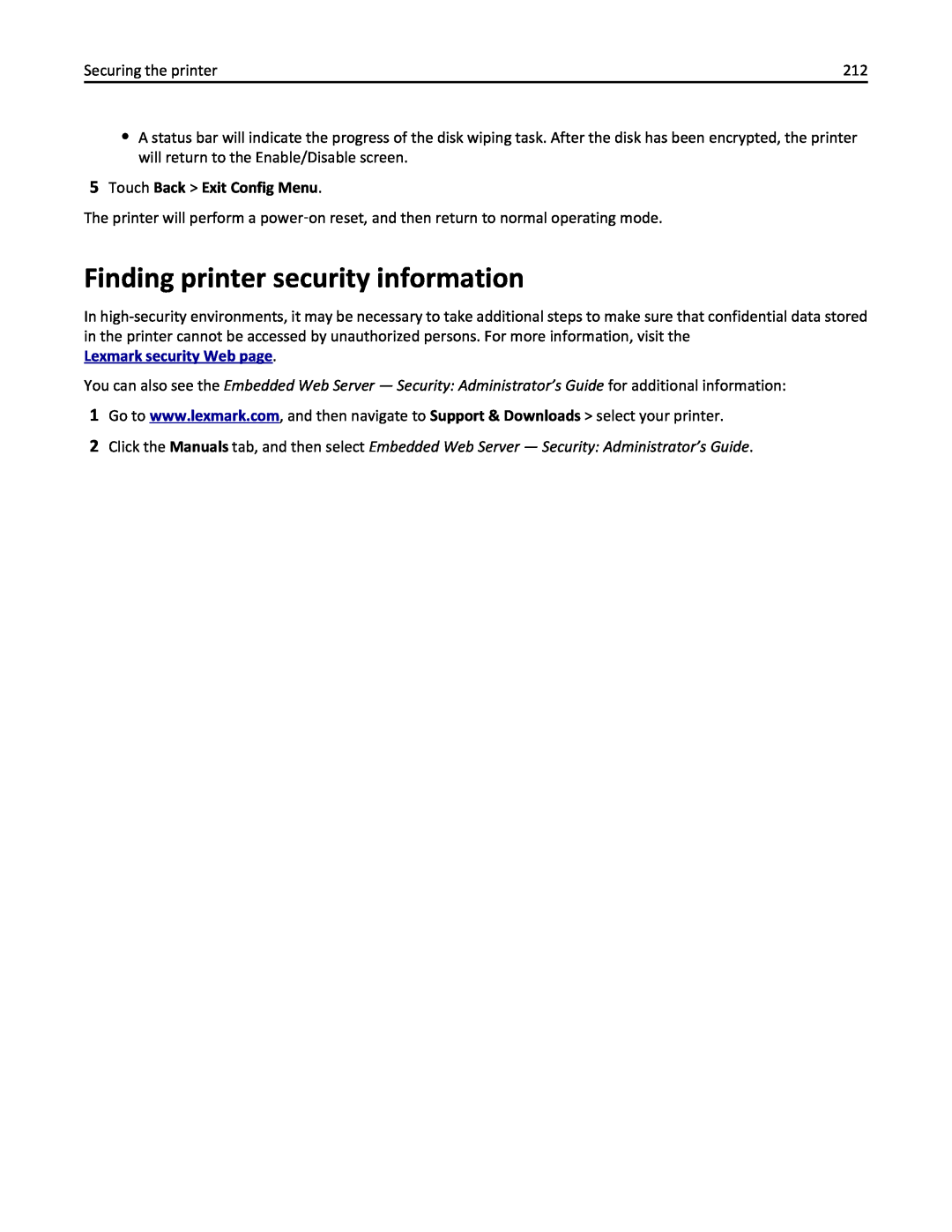 Lexmark 670, 470, 35S5701, 675 Finding printer security information, Touch Back Exit Config Menu, Lexmark security Web page 