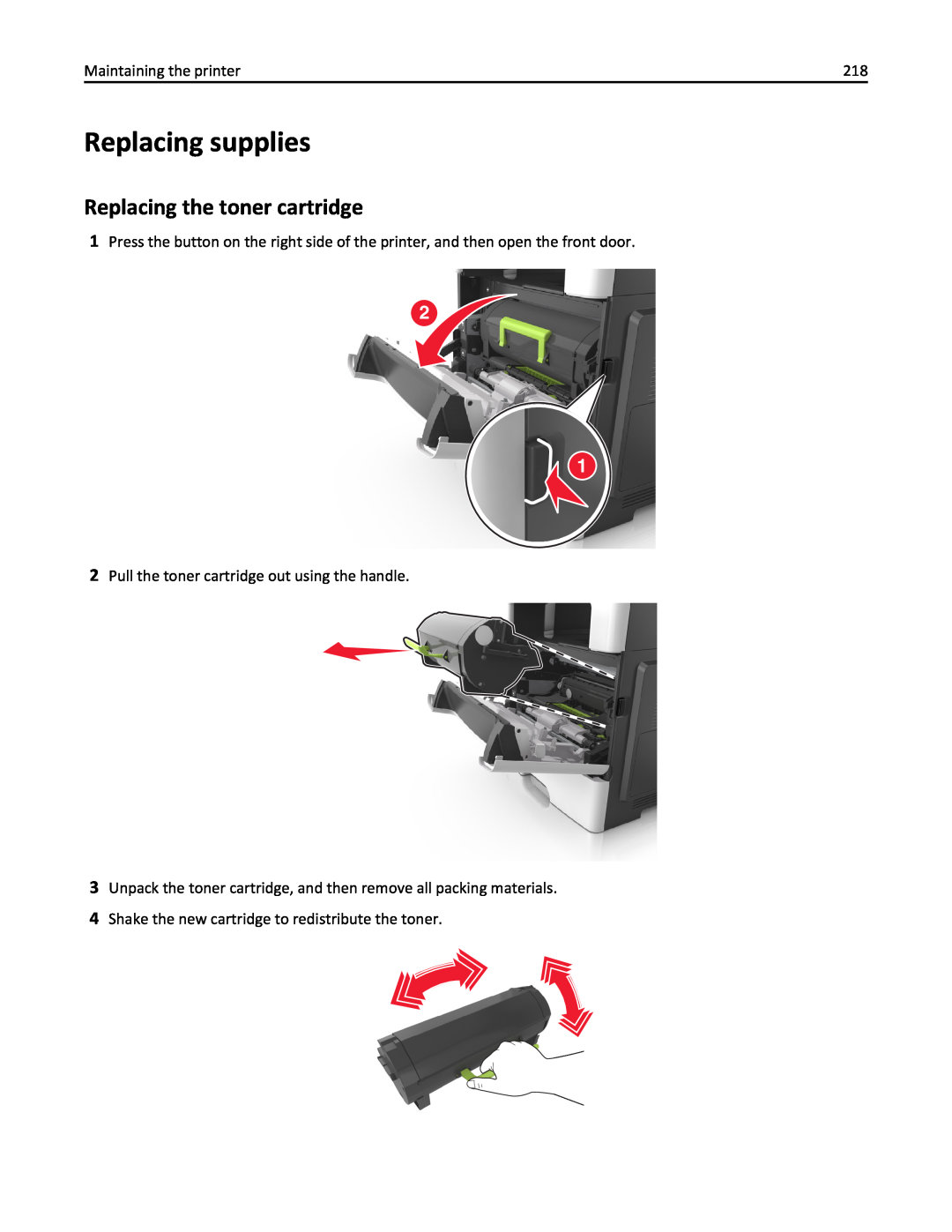 Lexmark 35S5701, 470, 670, 675, MX510, MX410DE manual Replacing supplies, Replacing the toner cartridge 