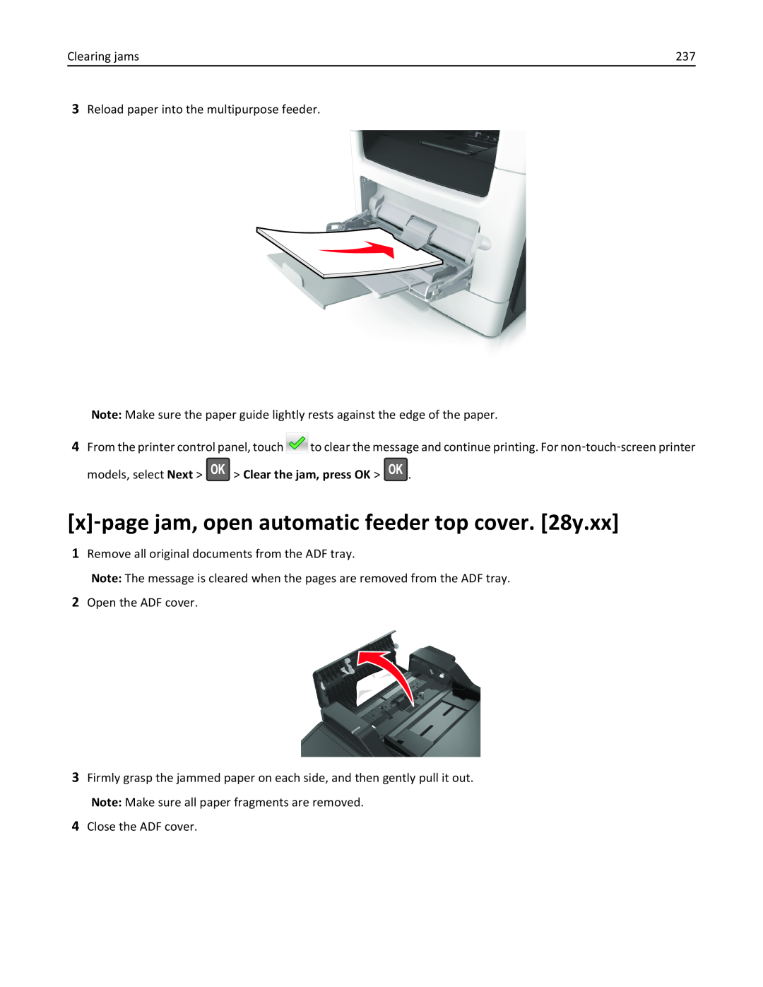 Lexmark MX410DE, 470, 670 x‑page jam, open automatic feeder top cover. 28y.xx, models, select Next Clear the jam, press OK 