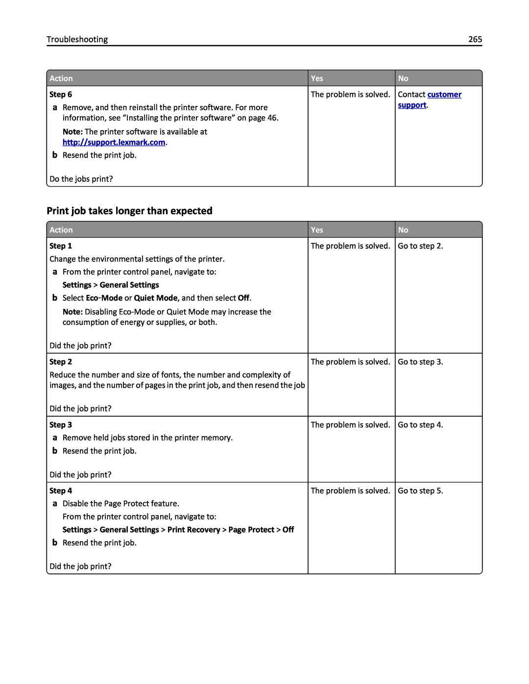 Lexmark MX410DE, 470 Print job takes longer than expected, Step, http//support.lexmark.com, Settings General Settings 