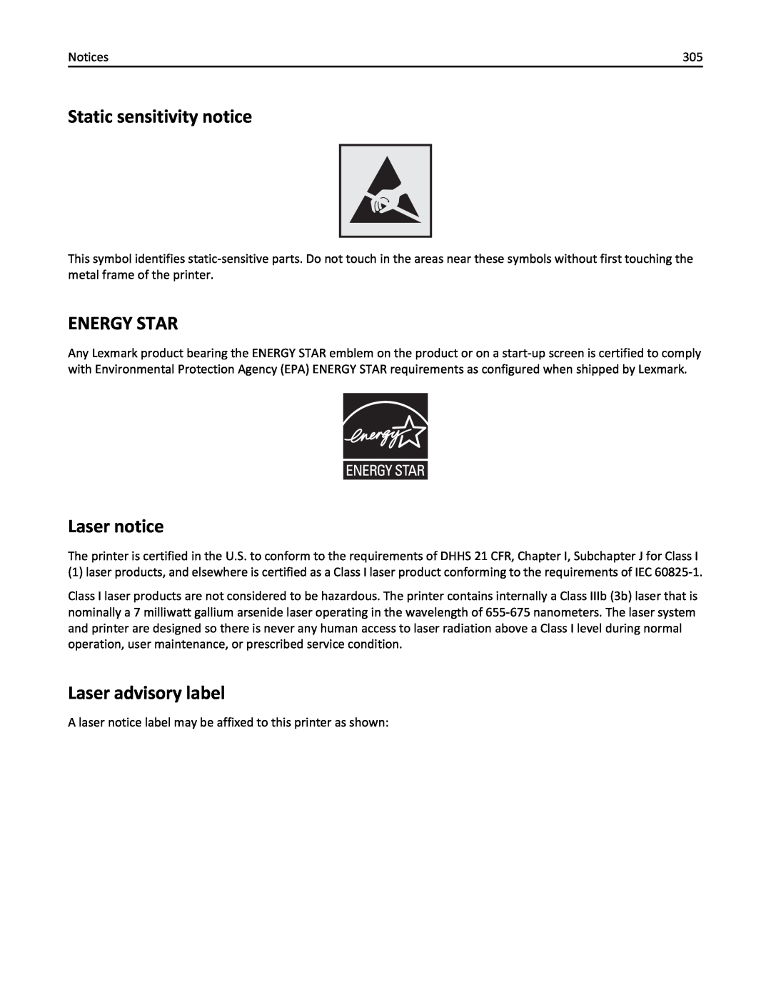 Lexmark MX510, 470, 35S5701, 670, 675, MX410 manual Static sensitivity notice, Energy Star, Laser notice, Laser advisory label 