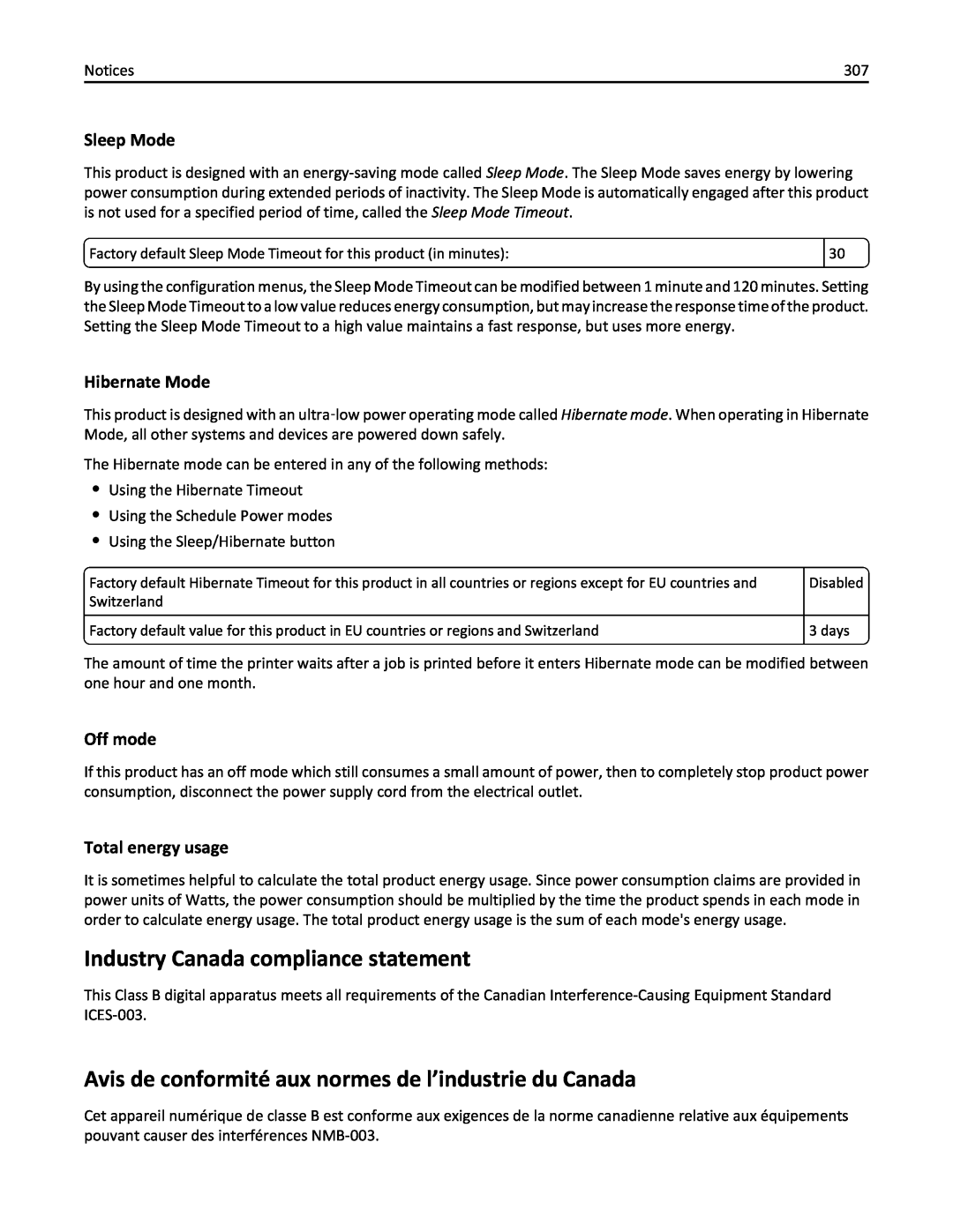 Lexmark MX410DE Industry Canada compliance statement, Avis de conformité aux normes de l’industrie du Canada, Sleep Mode 