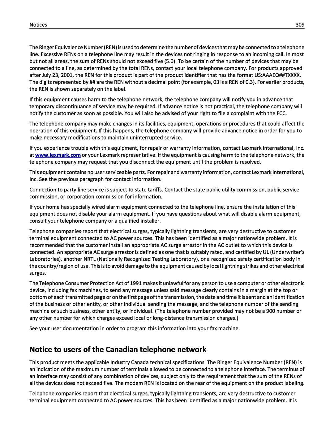 Lexmark 35S5701, 470, 670, 675, MX510, MX410DE manual Notice to users of the Canadian telephone network 