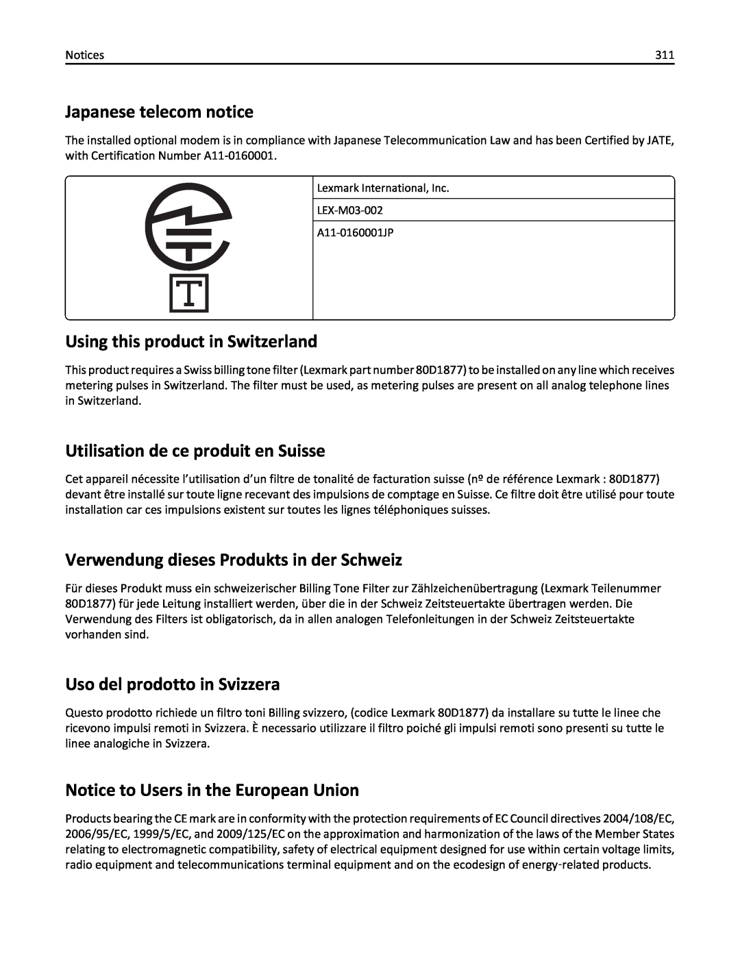 Lexmark 675, 470, 35S5701 Japanese telecom notice, Using this product in Switzerland, Utilisation de ce produit en Suisse 