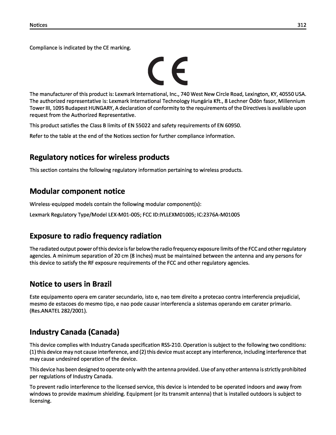 Lexmark MX510 Regulatory notices for wireless products, Modular component notice, Exposure to radio frequency radiation 