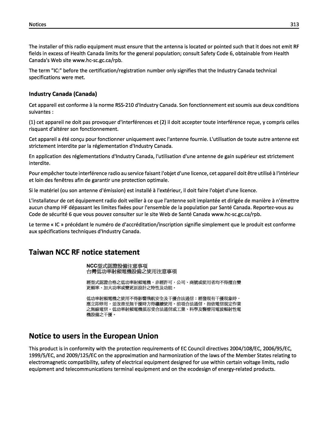 Lexmark MX410, 470, 35S5701 Taiwan NCC RF notice statement Notice to users in the European Union, Industry Canada Canada 