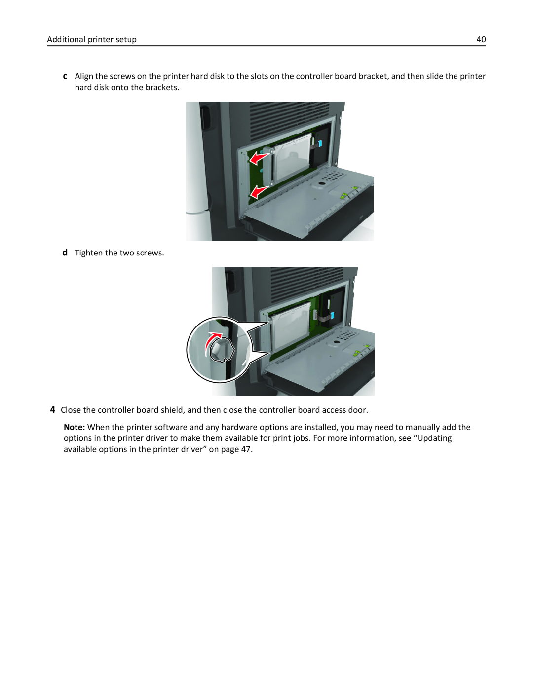Lexmark 470, 35S5701, 670, 675, MX510, MX410DE manual Additional printer setup, d Tighten the two screws 