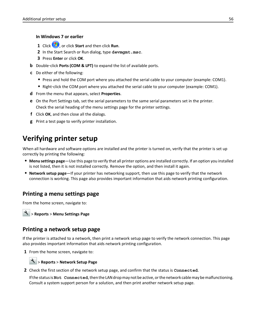 Lexmark 470 Verifying printer setup, Printing a menu settings page, Printing a network setup page, In Windows 7 or earlier 