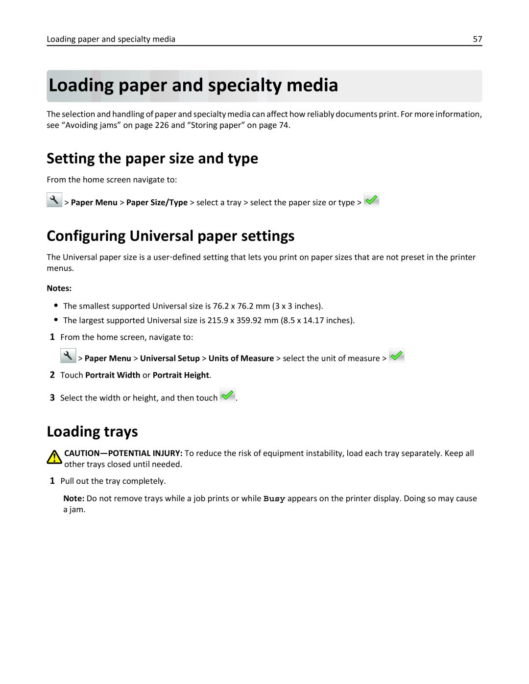 Lexmark 35S5701 Loadingpaperand specialty media, Setting the paper size and type, Configuring Universal paper settings 