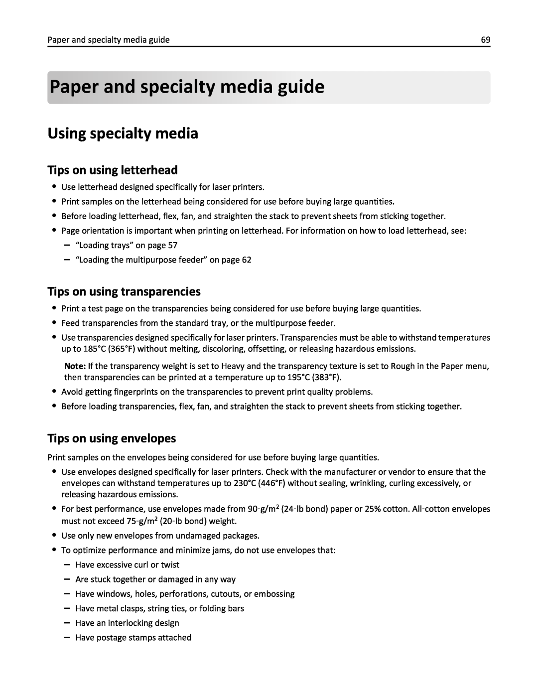 Lexmark MX410DE Paper andspecialtymedia guide, Using specialty media, Tips on using letterhead, Tips on using envelopes 