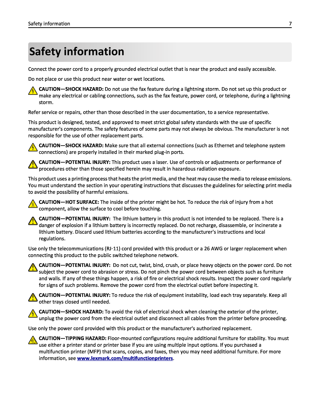 Lexmark 470, 35S5701, 670, 675, MX510, MX410DE manual Safety information 