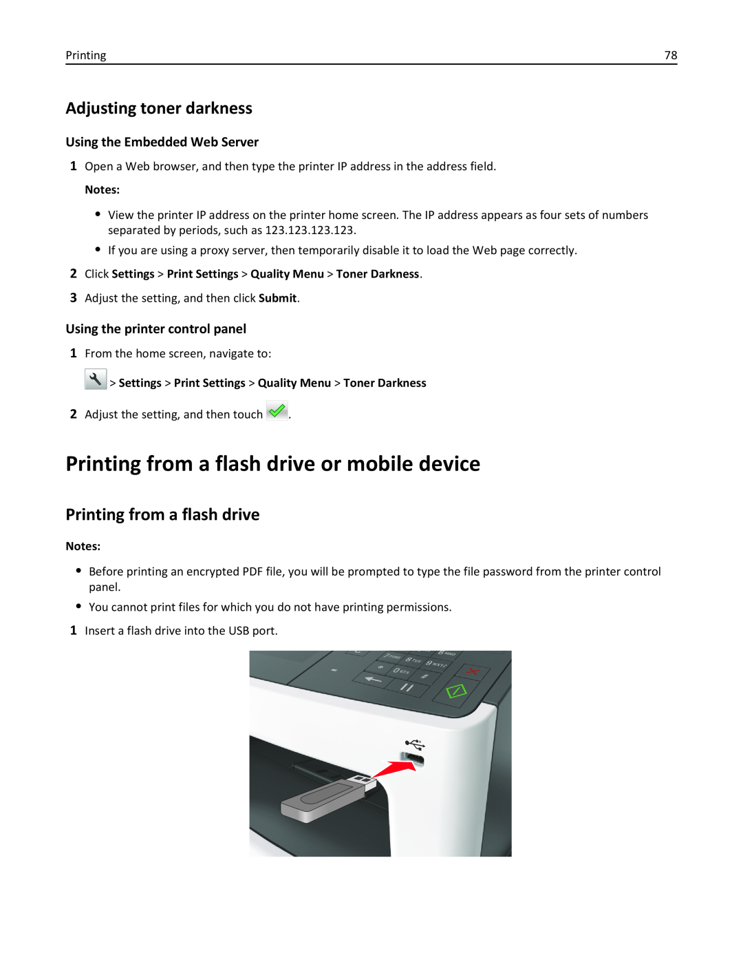 Lexmark 35S5701, 470 Printing from a flash drive or mobile device, Adjusting toner darkness, Using the Embedded Web Server 
