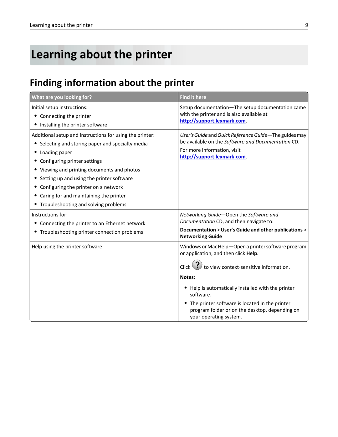 Lexmark 670 Learning about theprinter, Finding information about the printer, http//support.lexmark.com, Networking Guide 