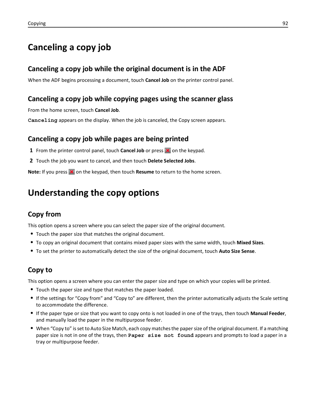 Lexmark 35S5701 Understanding the copy options, Canceling a copy job while pages are being printed, Copy from, Copy to 