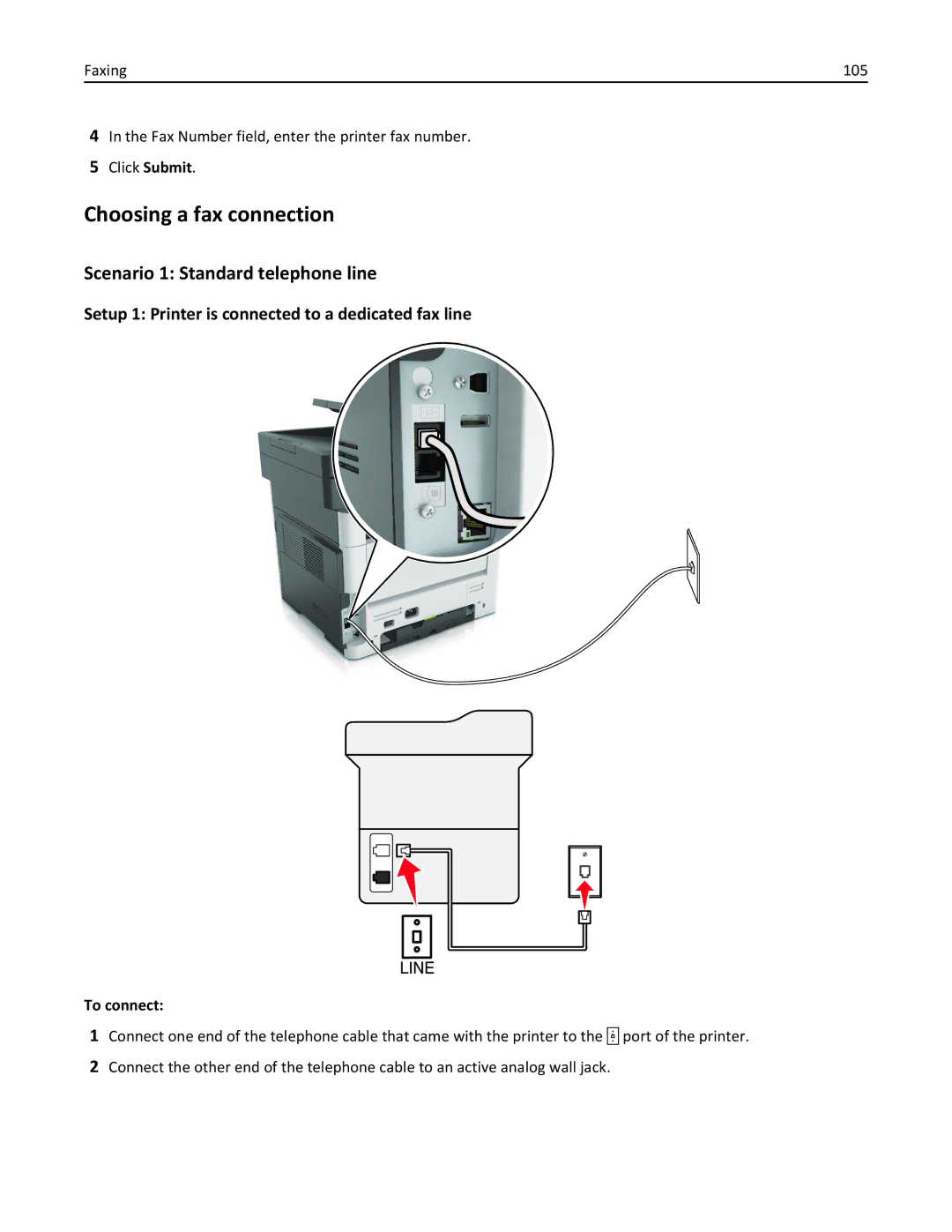 Lexmark 470, 35S5701, 670, 675, MX510, MX410DE Choosing a fax connection, Scenario 1 Standard telephone line, To connect 