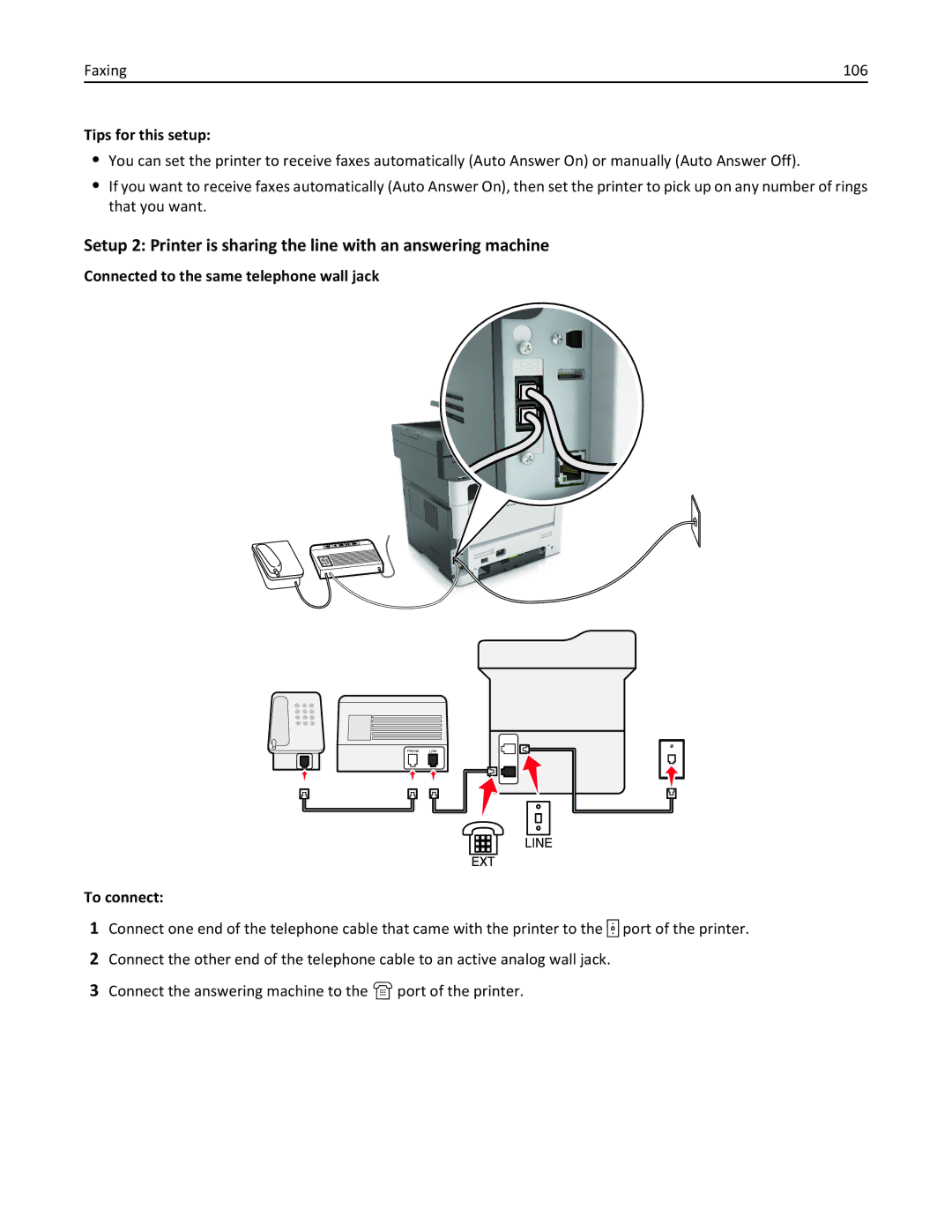 Lexmark 35S5701, 470, 670, 675, MX510, MX410 manual Faxing 106, Tips for this setup, Connected to the same telephone wall jack 