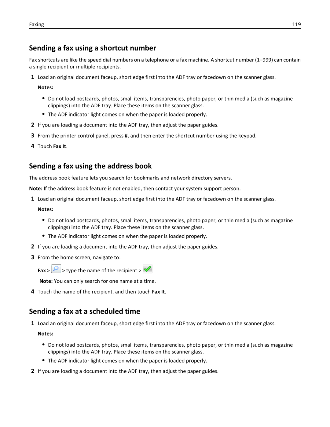 Lexmark 470 Sending a fax using a shortcut number, Sending a fax using the address book, Sending a fax at a scheduled time 