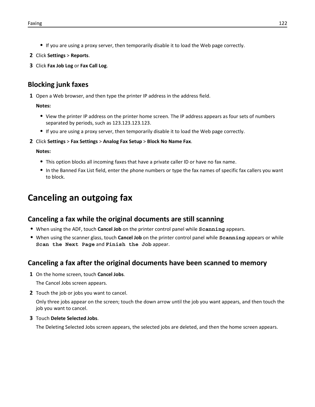 Lexmark 675, 470 Canceling an outgoing fax, Blocking junk faxes, Click Settings Reports Click Fax Job Log or Fax Call Log 