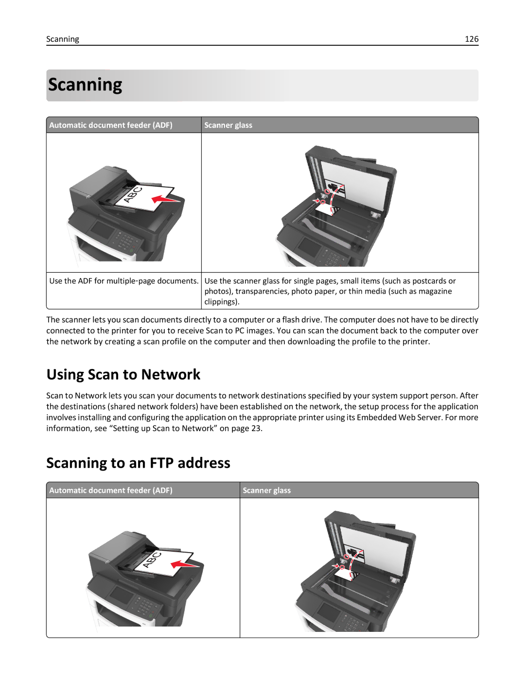 Lexmark 470, 35S5701, 670, 675, MX510, MX410DE manual Using Scan to Network, Scanning to an FTP address, Scanning 126 