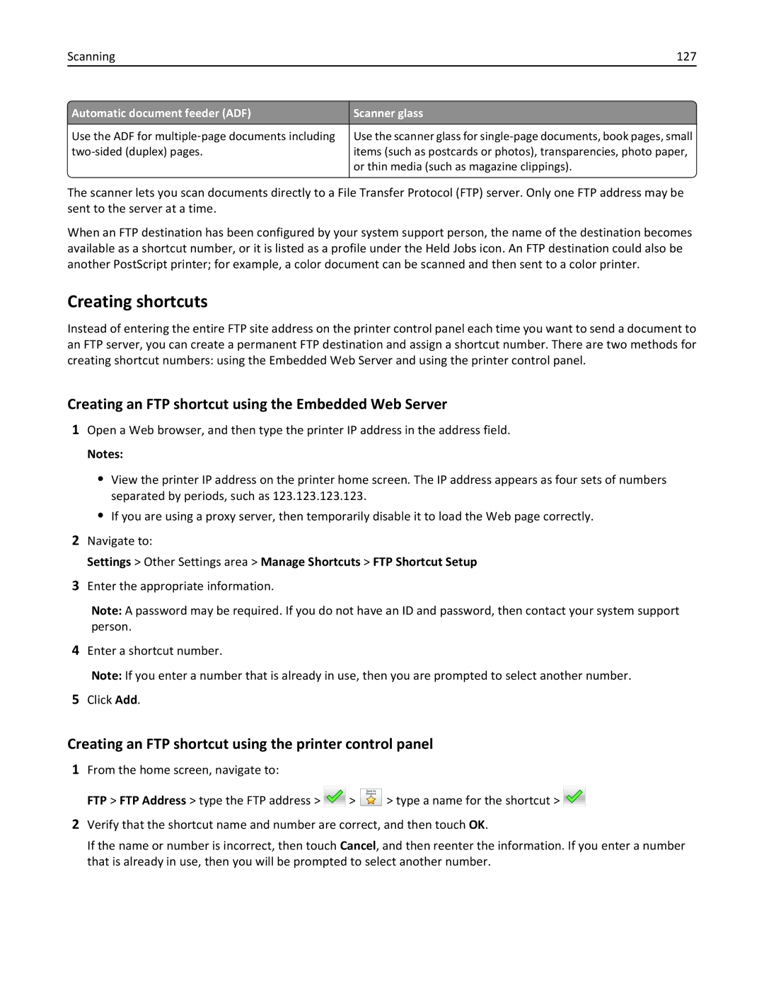 Lexmark 35S5701, 470, 670, 675 manual Creating shortcuts, Creating an FTP shortcut using the Embedded Web Server, Scanning 127 