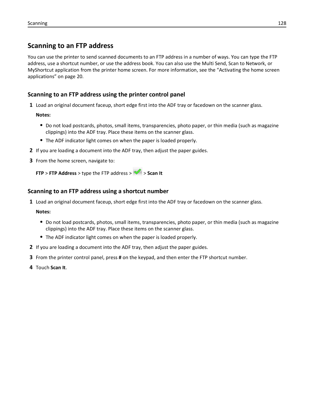 Lexmark 670, 470, 35S5701, 675, MX510, MX410 manual Scanning to an FTP address using the printer control panel, Scanning 128 