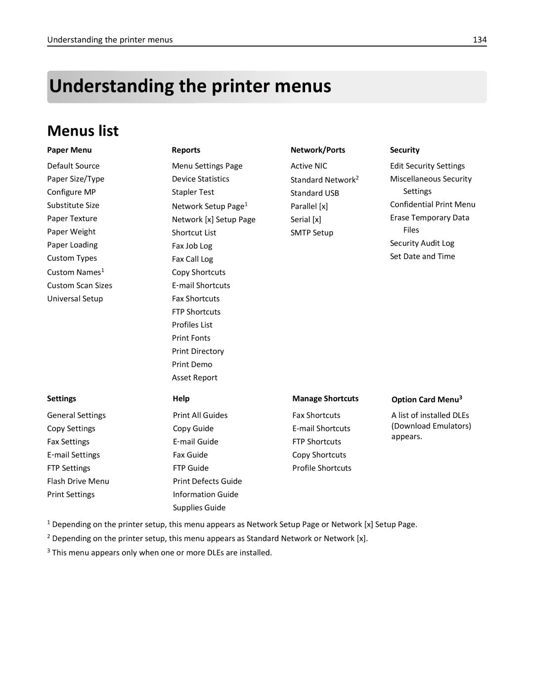 Lexmark 35S5701, 470, 670, 675, MX510, MX410 Understanding the printer m enus, Menus list, Understanding the printer menus 134 