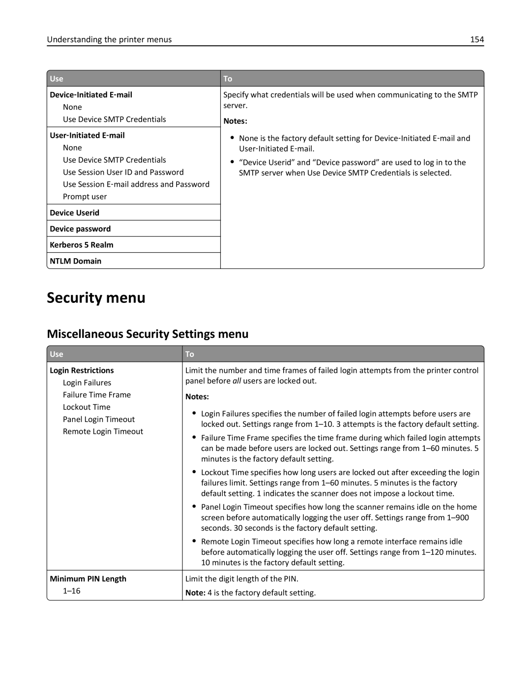 Lexmark 470, 35S5701, 670, 675 manual Security menu, Miscellaneous Security Settings menu, Understanding the printer menus 154 