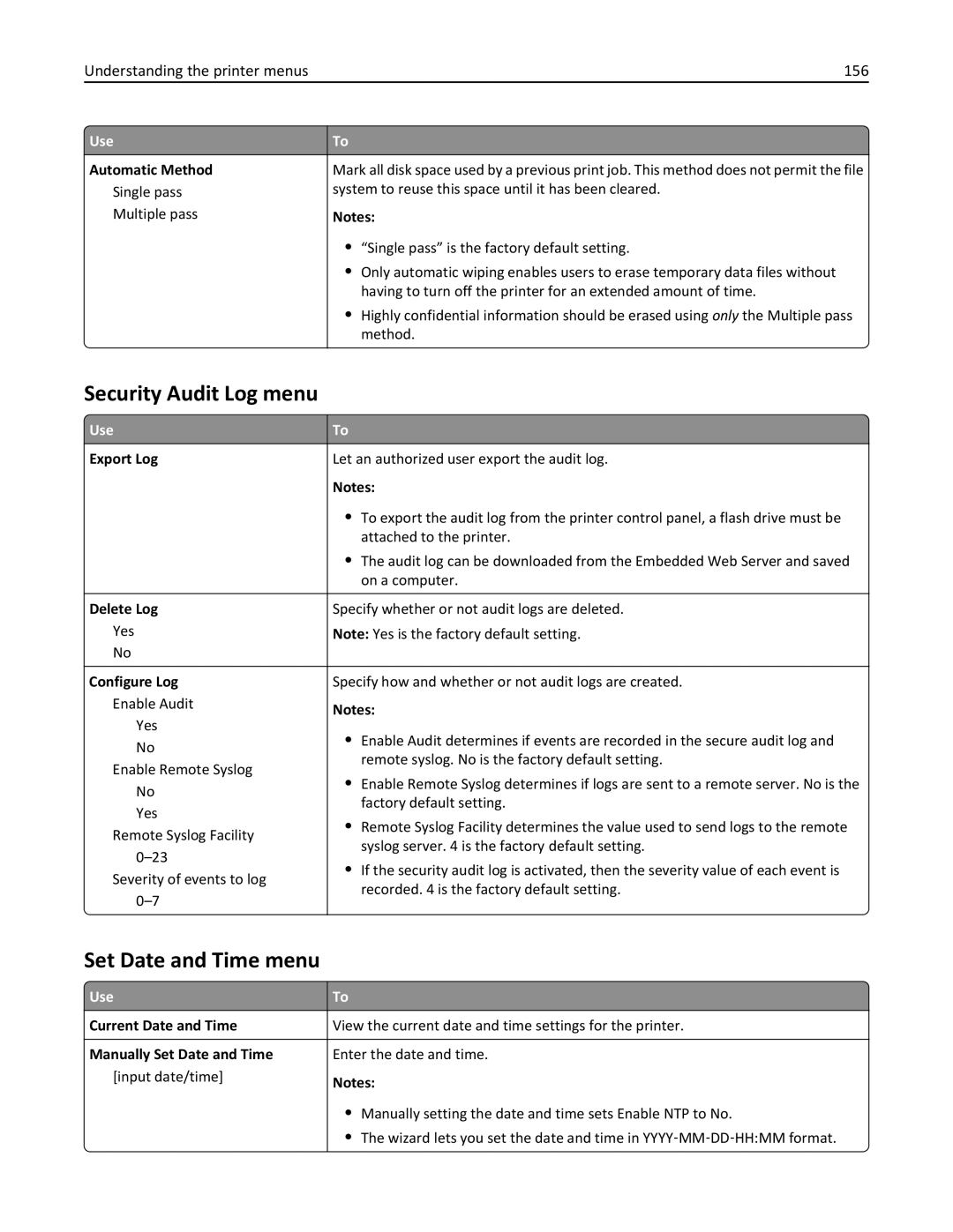 Lexmark 670, 470, 35S5701, 675, MX510 Security Audit Log menu, Set Date and Time menu, Understanding the printer menus 156 